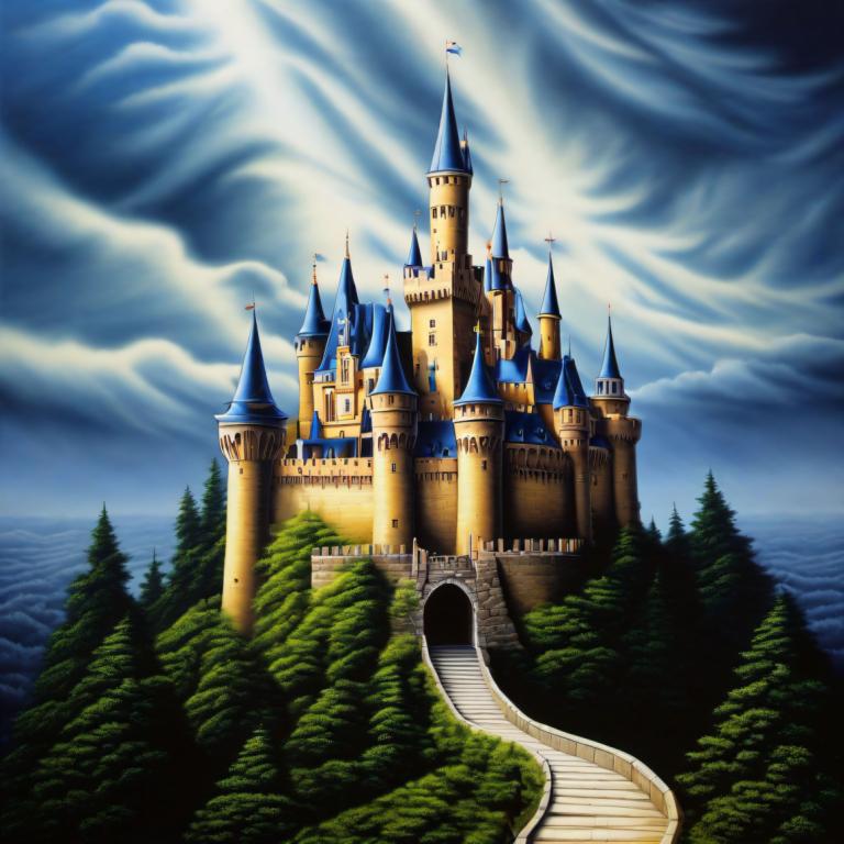 Airbrush Art,Airbrush Art, Castle, castle, no humans, cloud, scenery, tree, sky, castle, outdoors, nature