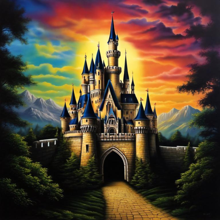 Airbrush Art,Airbrush Art, Castle, castle, no humans, scenery, tree, cloud, sky, castle, outdoors, tower