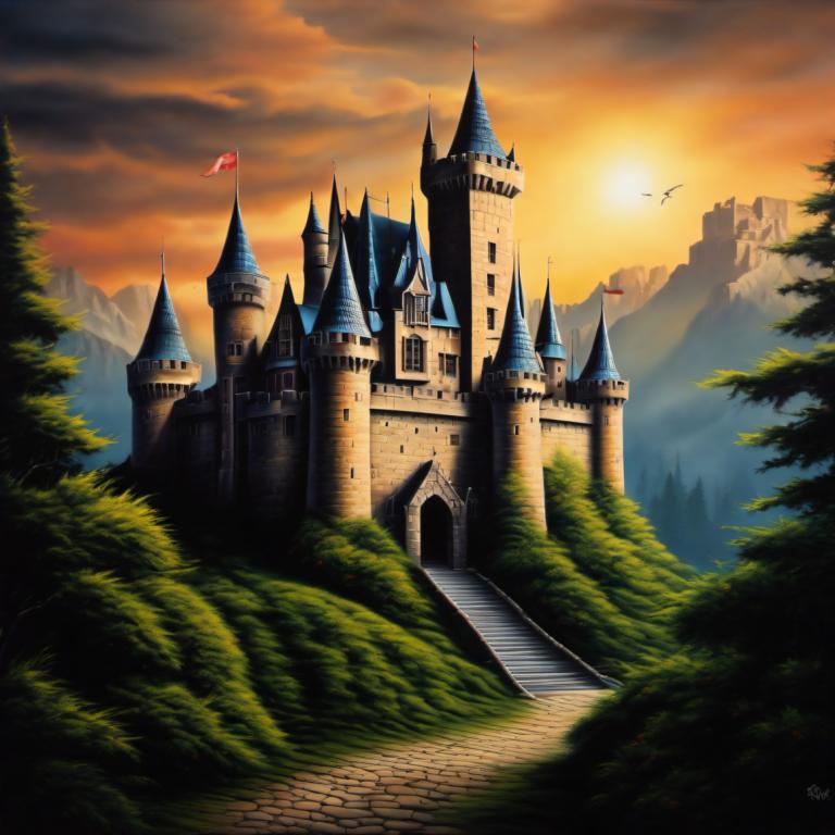 Airbrush Art,Airbrush Art, Castle, castle, no humans, scenery, tree, castle, cloud, sky, outdoors, flag