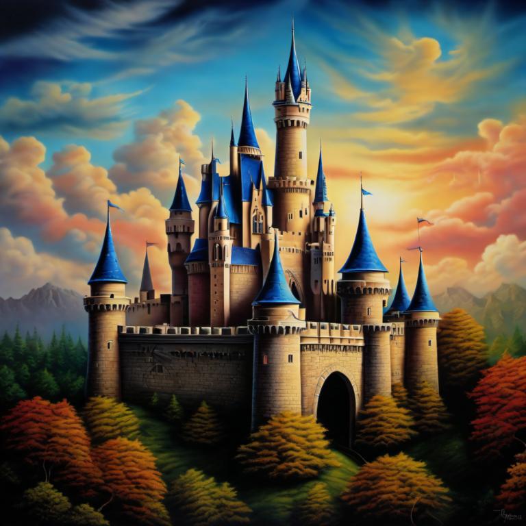 Airbrush Art,Airbrush Art, Castle, castle, no humans, scenery, cloud, castle, tree, sky, outdoors, nature