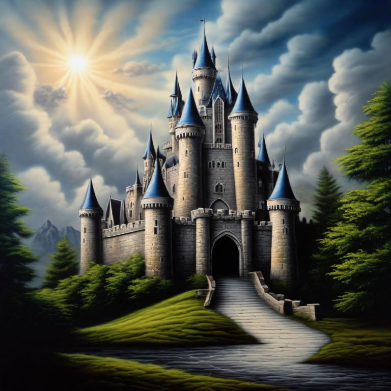 Airbrush Art,Airbrush Art, Castle, castle, no humans, cloud, tree, scenery, sky, outdoors, castle, day