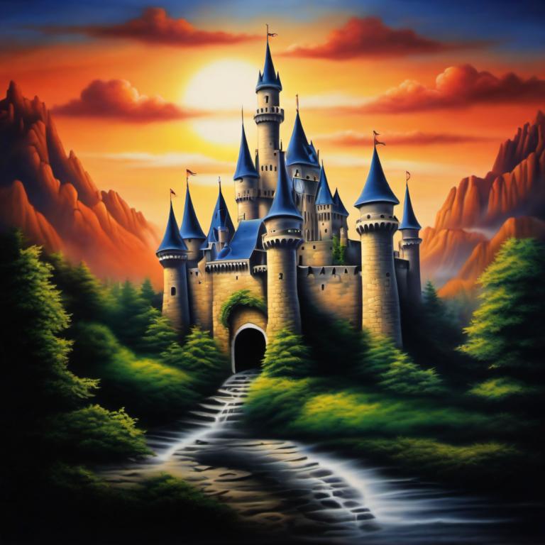 Airbrush Art,Airbrush Art, Castle, castle, no humans, scenery, cloud, castle, sky, sunset, tree, tower, water