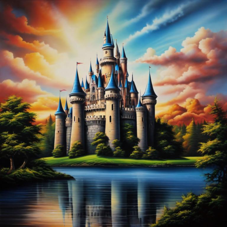 Airbrush Art,Airbrush Art, Castle, castle, no humans, scenery, cloud, tree, sky, castle, tower, water