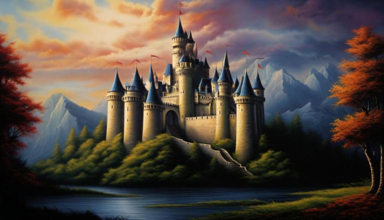 Airbrush Art,Airbrush Art, Castle, castle, no humans, scenery, tree, cloud, castle, sky, outdoors, mountain