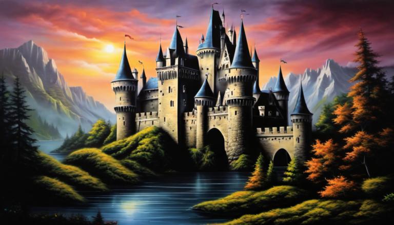 Airbrush Art,Airbrush Art, Castle, castle, scenery, no humans, tree, castle, cloud, sky, mountain, bird