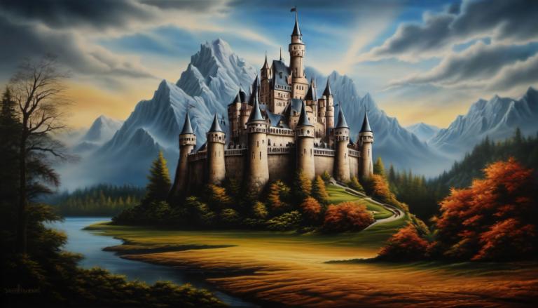 Airbrush Art,Airbrush Art, Castle, castle, no humans, scenery, tree, cloud, mountain, sky, outdoors, castle