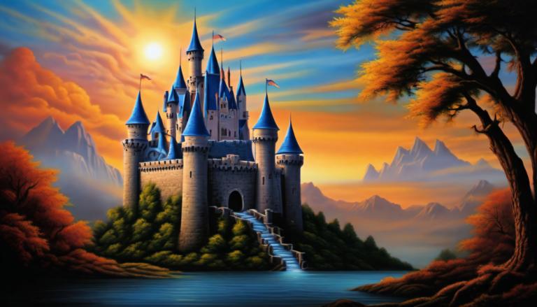 Airbrush Art,Airbrush Art, Castle, castle, no humans, tree, scenery, castle, sky, cloud, sun, mountain