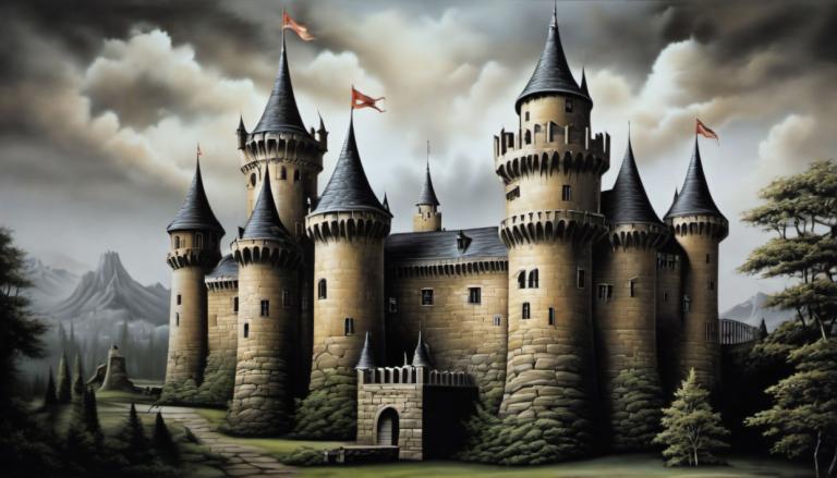 Airbrush Art,Airbrush Art, Castle, castle, tree, cloud, castle, scenery, no humans, sky, outdoors, flag