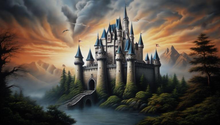 Airbrush Art,Airbrush Art, Castle, castle, no humans, scenery, tree, cloud, castle, sky, outdoors, bird