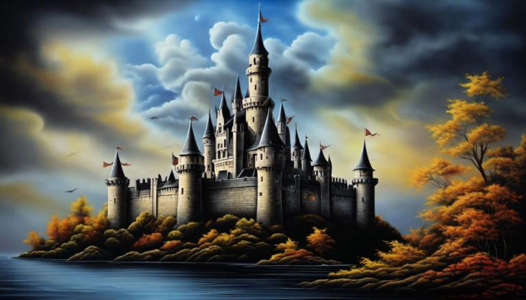 Airbrush Art,Airbrush Art, Castle, castle, no humans, cloud, castle, tree, scenery, sky, outdoors, flag, day