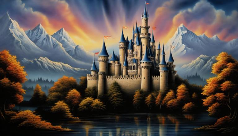 Airbrush Sanatı,Airbrush Sanatı, Castle, kale, insan yok, manzara, dağ, ağaç, kale, bulut, gökyüzü