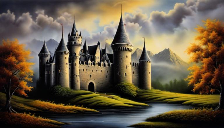 Airbrush-kunst,Airbrush-kunst, Kasteel, kasteel, geen mensen, landschap, boom, wolk, kasteel, buitenshuis