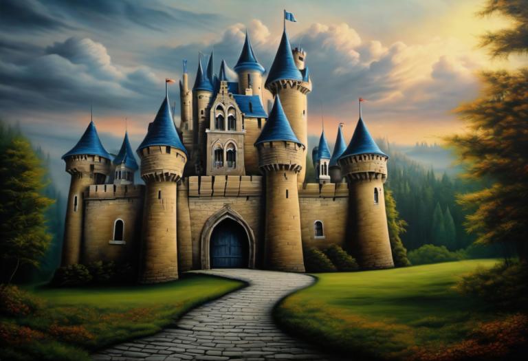 Airbrush Art,Airbrush Art, Castle, castle, no humans, tree, cloud, scenery, outdoors, sky, cloudy sky, grass