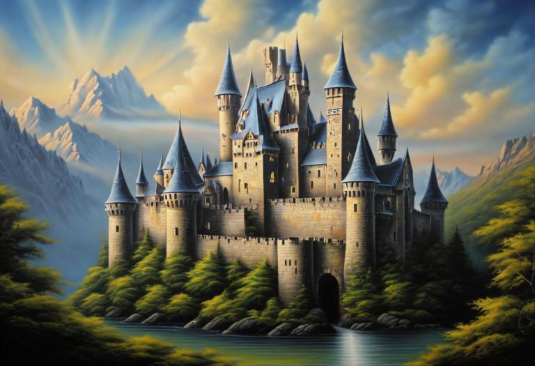 Airbrush Art,Airbrush Art, Castle, castle, no humans, scenery, cloud, sky, outdoors, tree, castle, mountain