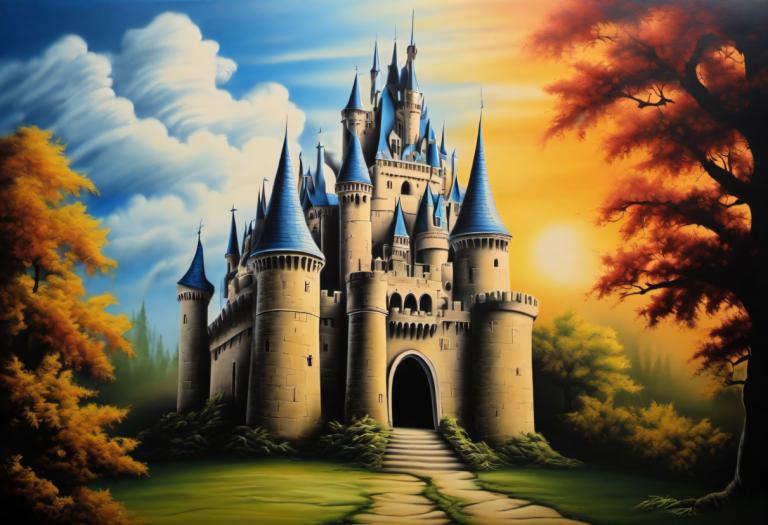 Airbrush Art,Airbrush Art, Castle, castle, no humans, tree, scenery, cloud, sky, castle, outdoors, day