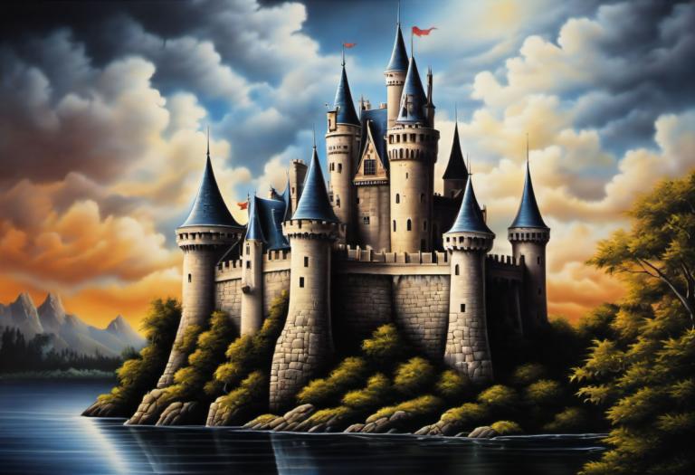 Airbrush Art,Airbrush Art, Castle, castle, no humans, cloud, scenery, tree, sky, castle, outdoors, water