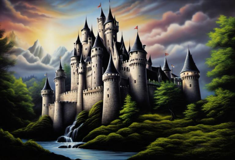 Airbrush-kunst,Airbrush-kunst, Kasteel, kasteel, geen mensen, landschap, kasteel, wolk, boom, waterval, lucht