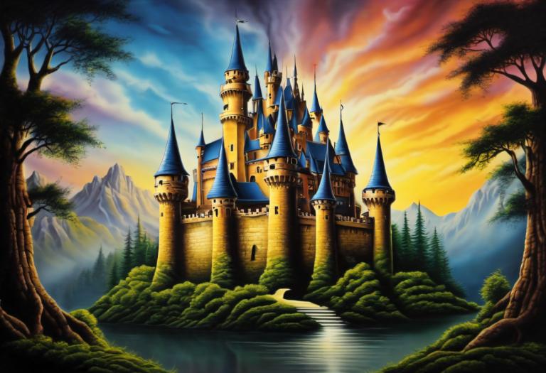 Airbrush Art,Airbrush Art, Castle, castle, no humans, scenery, tree, cloud, sky, castle, outdoors, nature