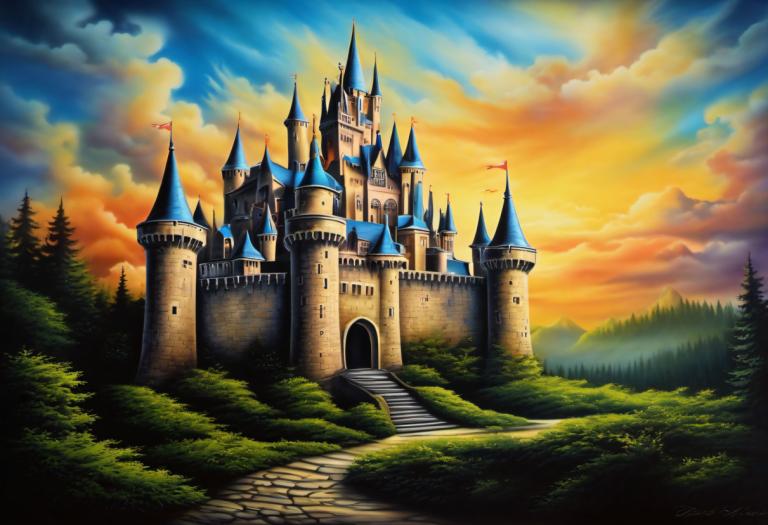 Airbrush-Art,Airbrush-Art, Schloss, Schloss, keine Menschen, Landschaft, Wolke, Himmel, Baum, draußen, Treppe