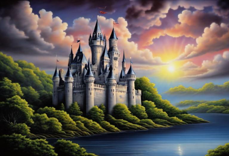 Airbrush Art,Airbrush Art, Castle, castle, no humans, cloud, scenery, castle, tree, sky, outdoors, water