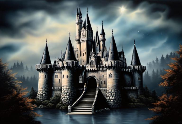 Airbrush Art,Airbrush Art, Castle, castle, no humans, scenery, cloud, tree, sky, castle, stairs, outdoors