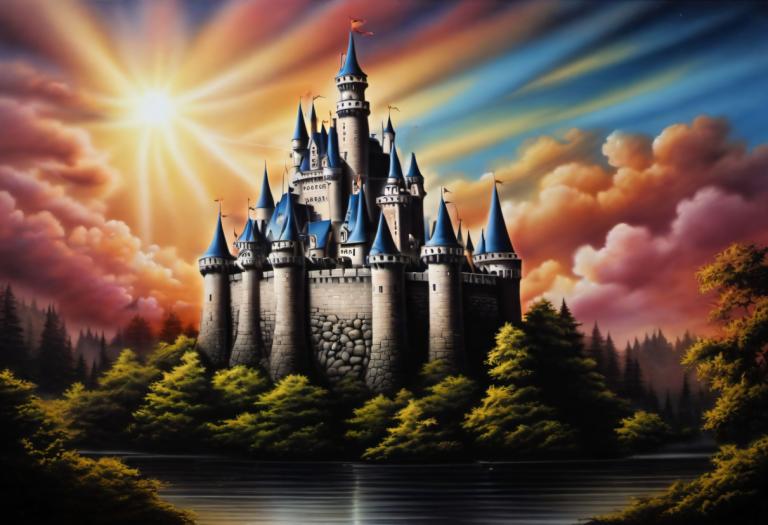 Airbrush Art,Airbrush Art, Castle, castle, no humans, scenery, cloud, tree, sky, castle, outdoors, sun