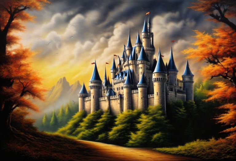 Airbrush Art,Airbrush Art, Castle, castle, no humans, scenery, tree, castle, cloud, sky, outdoors, tower