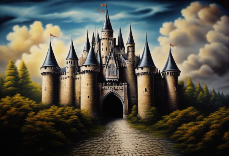 Airbrush Art,Airbrush Art, Castle, castle, no humans, cloud, scenery, sky, tree, castle, outdoors, nature