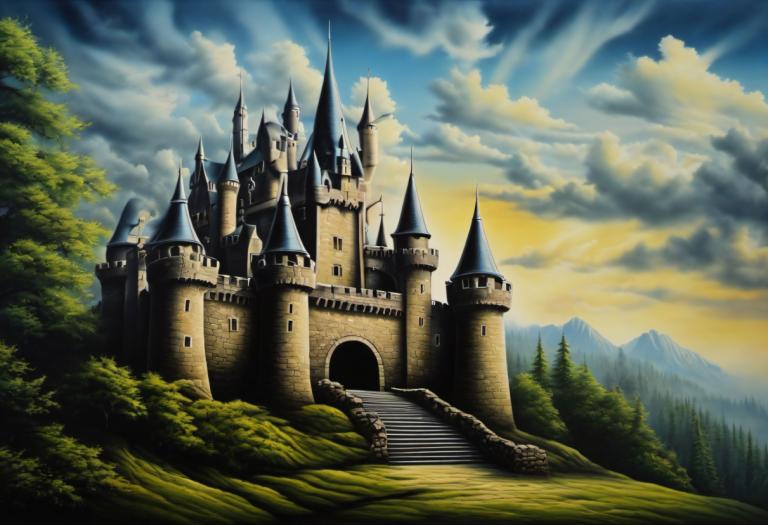 Airbrush Art,Airbrush Art, Castle, castle, no humans, scenery, cloud, sky, outdoors, stairs, tree, castle