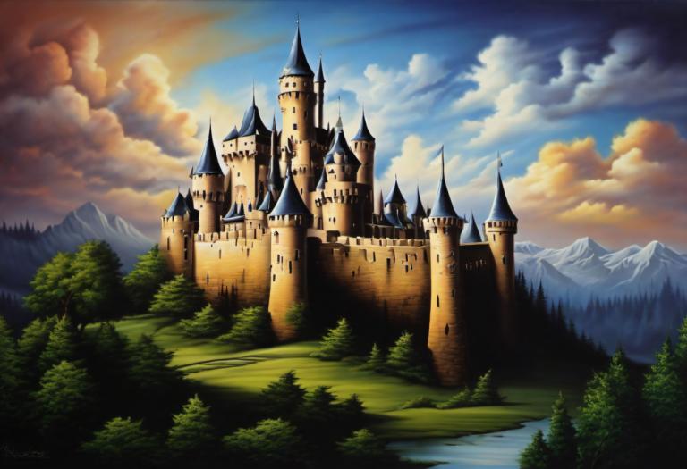 Airbrush Art,Airbrush Art, Castle, castle, no humans, scenery, cloud, sky, outdoors, tree, castle, mountain