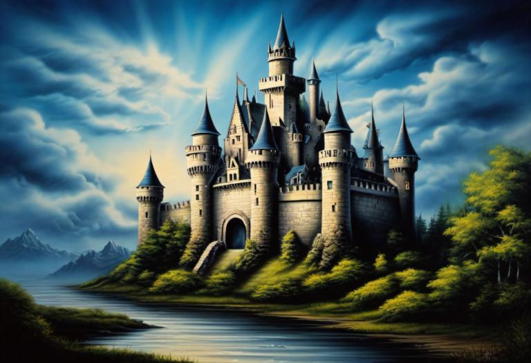 Airbrush Art,Airbrush Art, Castle, castle, no humans, scenery, cloud, tree, sky, castle, outdoors, nature