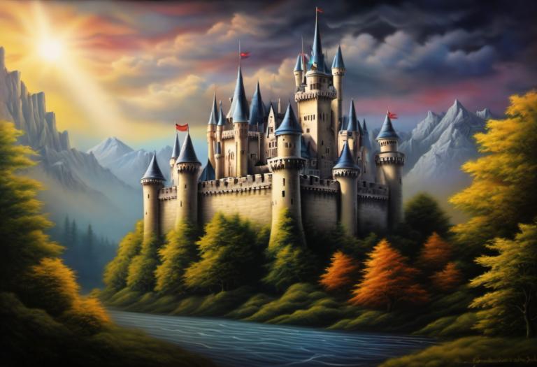 Airbrush Art,Airbrush Art, Castle, castle, no humans, scenery, tree, cloud, castle, mountain, sky, outdoors