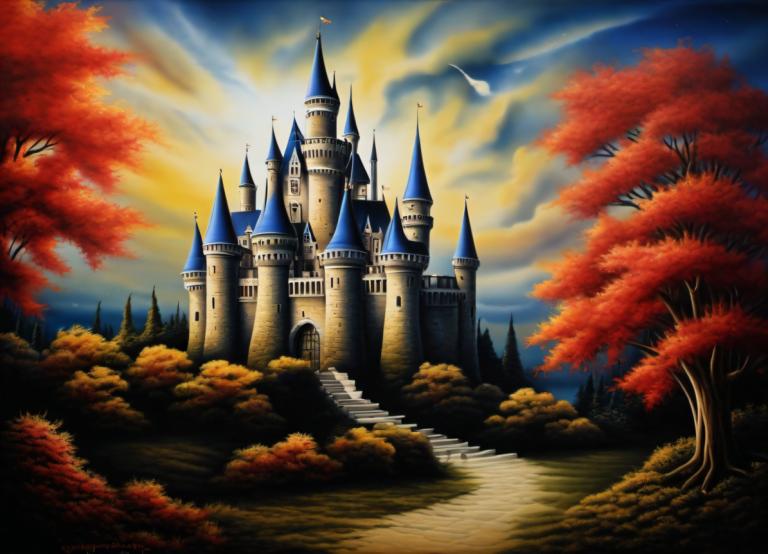 Airbrush Art,Airbrush Art, Castle, castle, no humans, scenery, tree, castle, cloud, sky, outdoors, tower