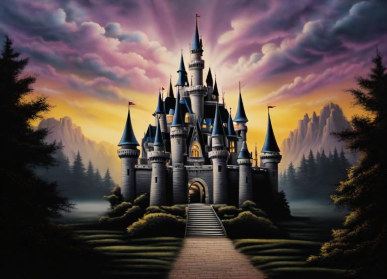 Airbrush Art,Airbrush Art, Castle, castle, no humans, scenery, cloud, tree, sky, outdoors, castle, stairs