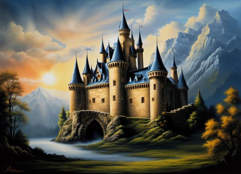 Airbrush Art,Airbrush Art, Castle, castle, no humans, tree, scenery, castle, mountain, cloud, outdoors, sky