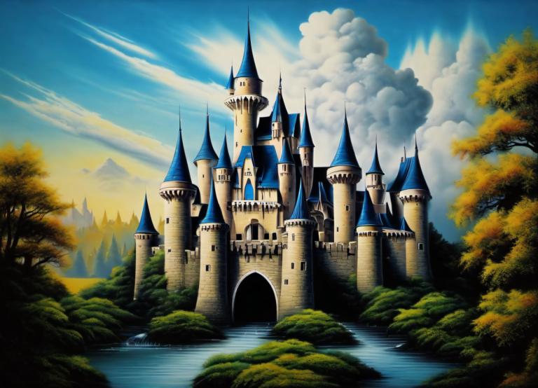 Airbrush Art,Airbrush Art, Castle, castle, no humans, scenery, tree, cloud, sky, castle, outdoors, day, water