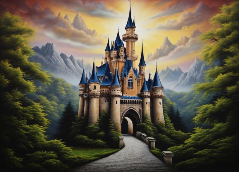 Airbrush Art,Airbrush Art, Castle, castle, no humans, scenery, tree, cloud, nature, forest, sky, outdoors