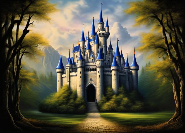 Airbrush-Art,Airbrush-Art, Schloss, Schloss, keine Menschen, Baum, Landschaft, Wolke, Schloss, draußen