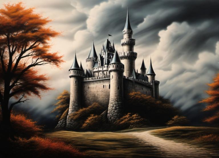 Airbrush Art,Airbrush Art, Castle, castle, no humans, tree, scenery, cloud, castle, sky, outdoors, cloudy sky