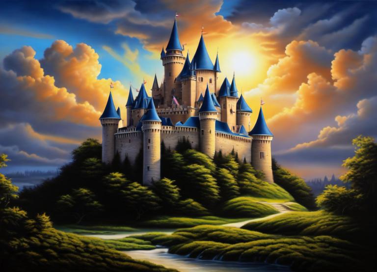 Airbrush Art,Airbrush Art, Castle, castle, no humans, cloud, scenery, castle, sky, tree, outdoors, tower