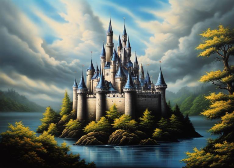 Airbrush Art,Airbrush Art, Castle, castle, no humans, scenery, tree, cloud, sky, castle, outdoors, day