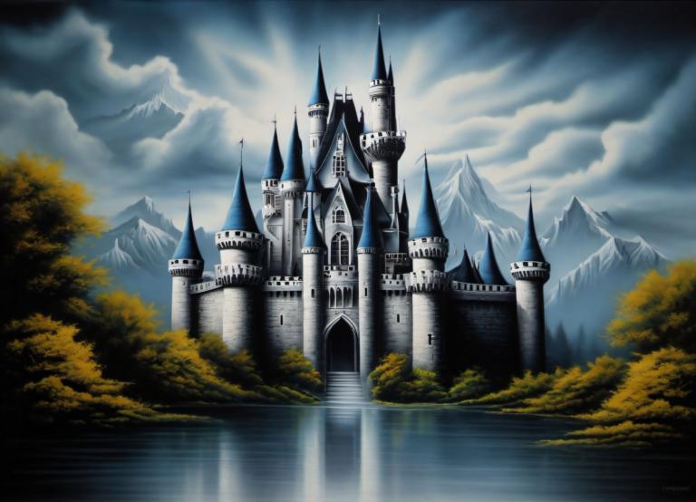 Airbrush Art,Airbrush Art, Castle, castle, no humans, scenery, cloud, tree, castle, sky, mountain, outdoors