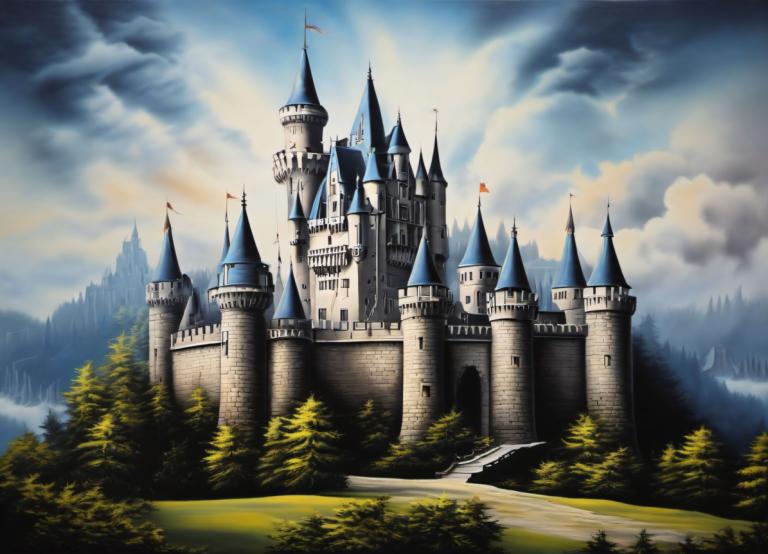 Airbrush Art,Airbrush Art, Castle, castle, no humans, scenery, castle, cloud, tree, outdoors, sky, nature