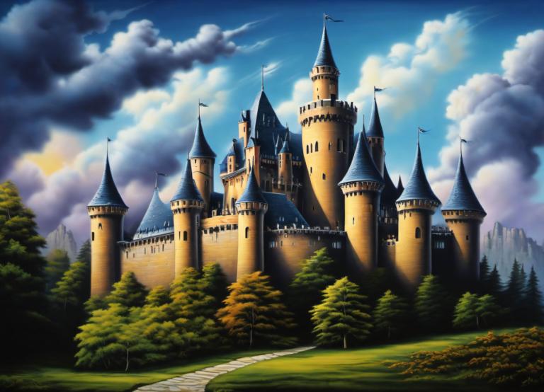 Airbrush Art,Airbrush Art, Castle, castle, no humans, cloud, scenery, tree, sky, outdoors, day, castle