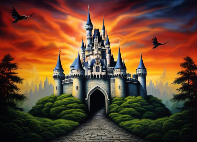 Airbrush Art,Airbrush Art, Castle, castle, no humans, castle, scenery, tree, sky, cloud, bird, tower, nature