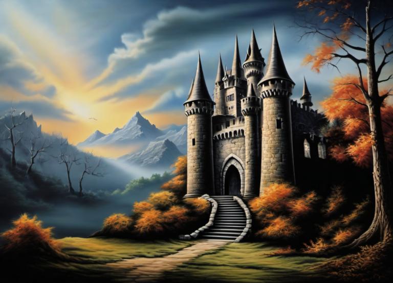 Airbrush Art,Airbrush Art, Castle, castle, no humans, tree, scenery, cloud, castle, outdoors, sky, mountain