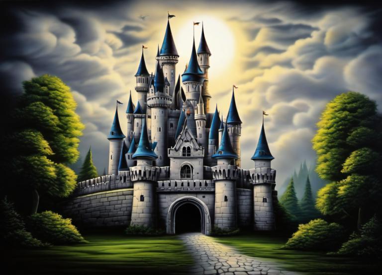 Airbrush Art,Airbrush Art, Castle, castle, no humans, cloud, castle, tree, scenery, sky, outdoors, tower