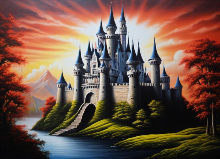 Airbrush Art,Airbrush Art, Castle, castle, no humans, scenery, tree, castle, cloud, sky, mountain, outdoors