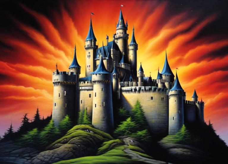 Airbrush Art,Airbrush Art, Castle, castle, no humans, scenery, sky, tree, castle, cloud, outdoors, tower