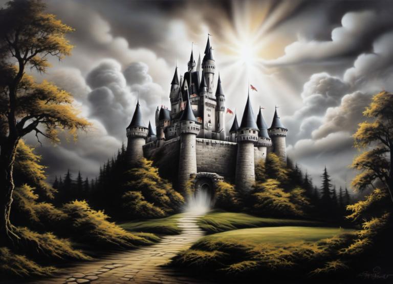 Airbrush Art,Airbrush Art, Castle, castle, tree, no humans, scenery, cloud, castle, sky, nature, outdoors